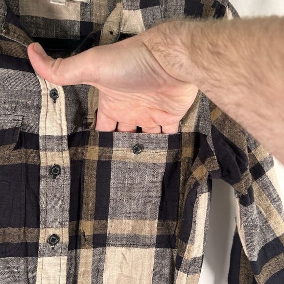 LOFT Knee Length Dress Women's Small Petite Brown Blue Plaid Button Up Tie Waist - Picture 4 of 7